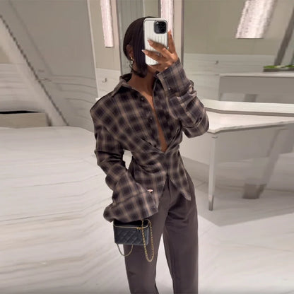 Women Chic Design Sense Plaid Shirt Fashion Casual Waist Cinched Slim Fit Long Sleeved Sexy Shirts  Autumn Stylish Women Tops