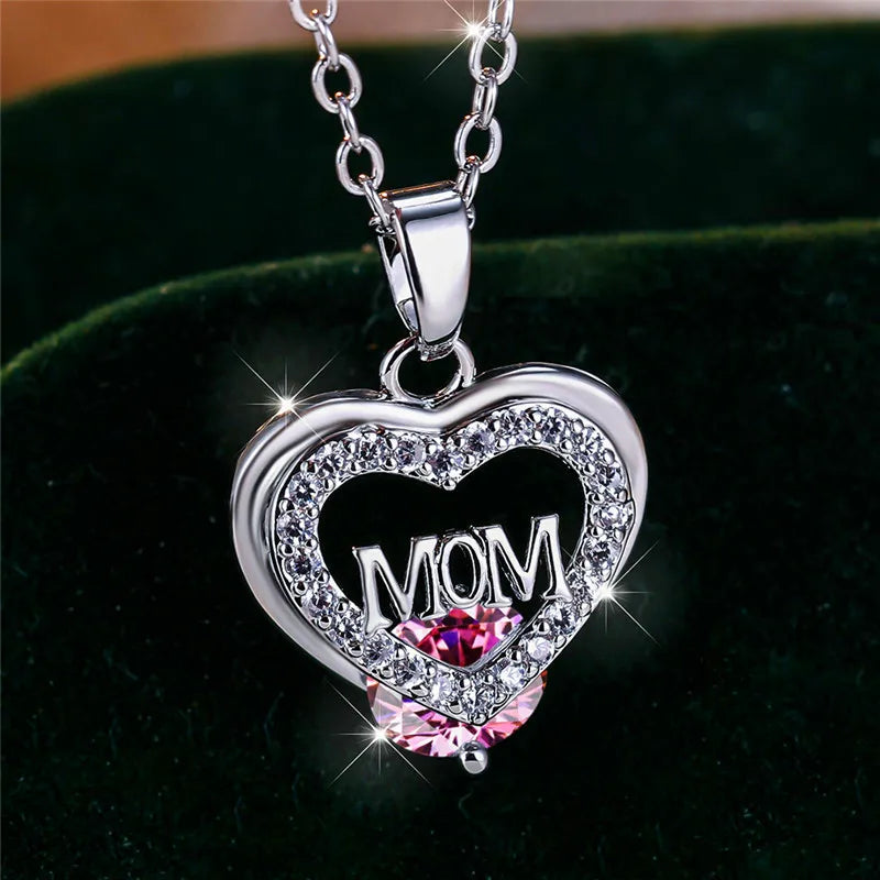 Crystal Luxury White Zircon Stone Heart Mom Letter Pendant Necklace Vintage Wedding Jewelry For Women Mother's Day Gift...