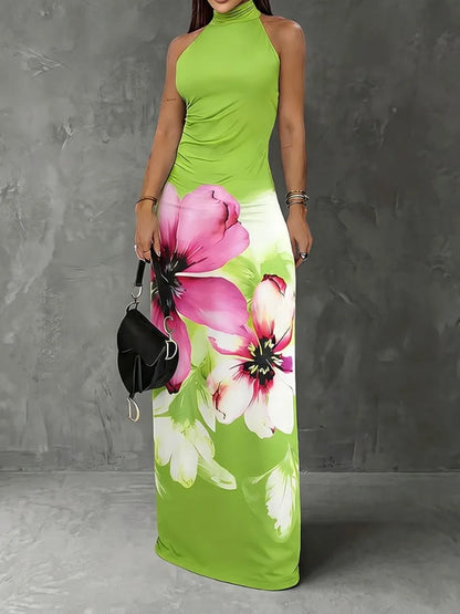 Yeezzi Women's Halter Neck Floral Printed Maxi Dresses 2026 Sleeveless Back Split Hem Slim Fit Summer Elegant Party Evening Gown - Kimlud