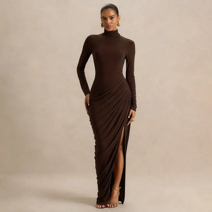 Slim Fit High Neck Pleated Dress with Slit Elegant Lady's Long Sleeve Dress Thick Material High Waist Bodycon Gown for Women - Kimlud