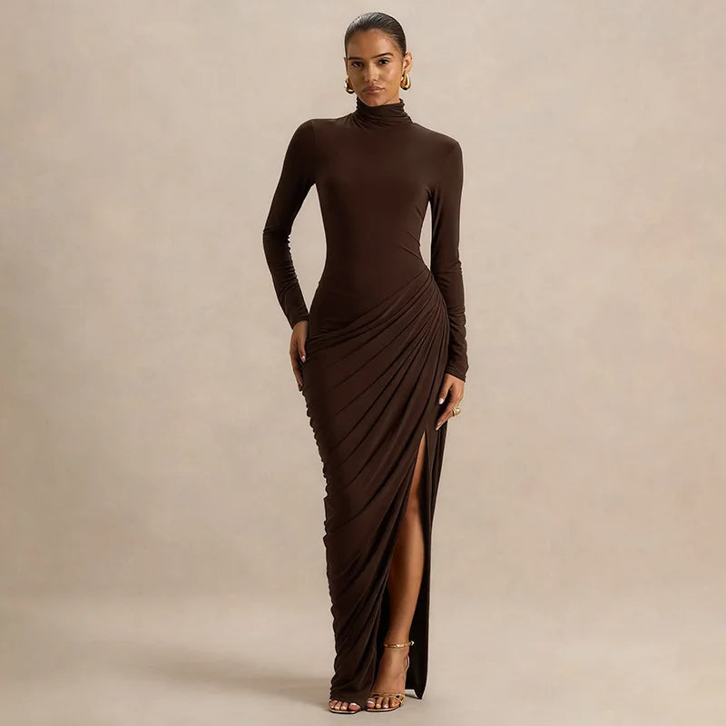 Slim Fit High Neck Pleated Dress with Slit Elegant Lady's Long Sleeve Dress Thick Material High Waist Bodycon Gown for Women - Kimlud