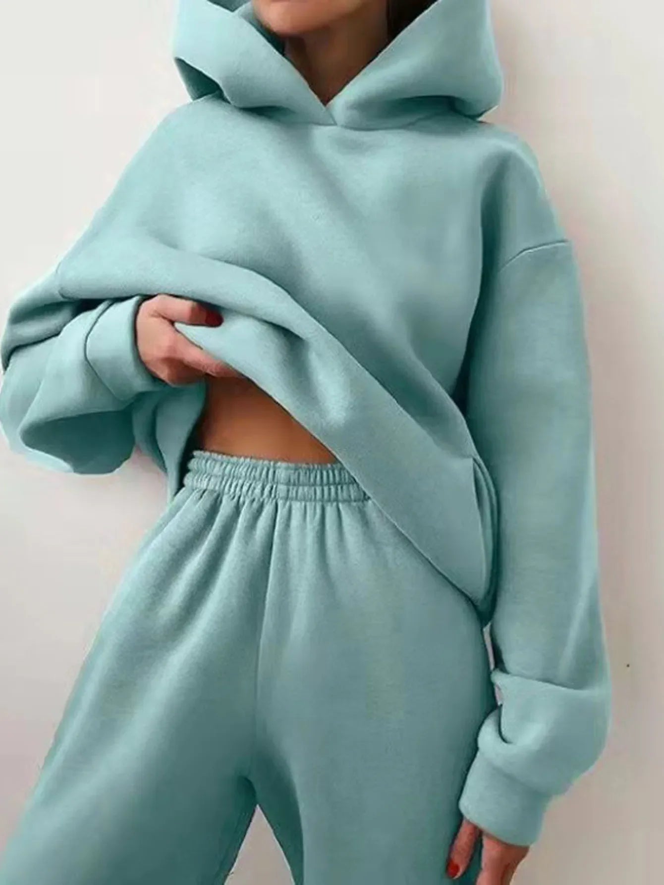 Women's Tracksuit Casual Solid Long Sleeve Hooded Sport Suits Autumn Warm Hoodie Sweatshirts and Long Pant Fleece Two Piece Sets