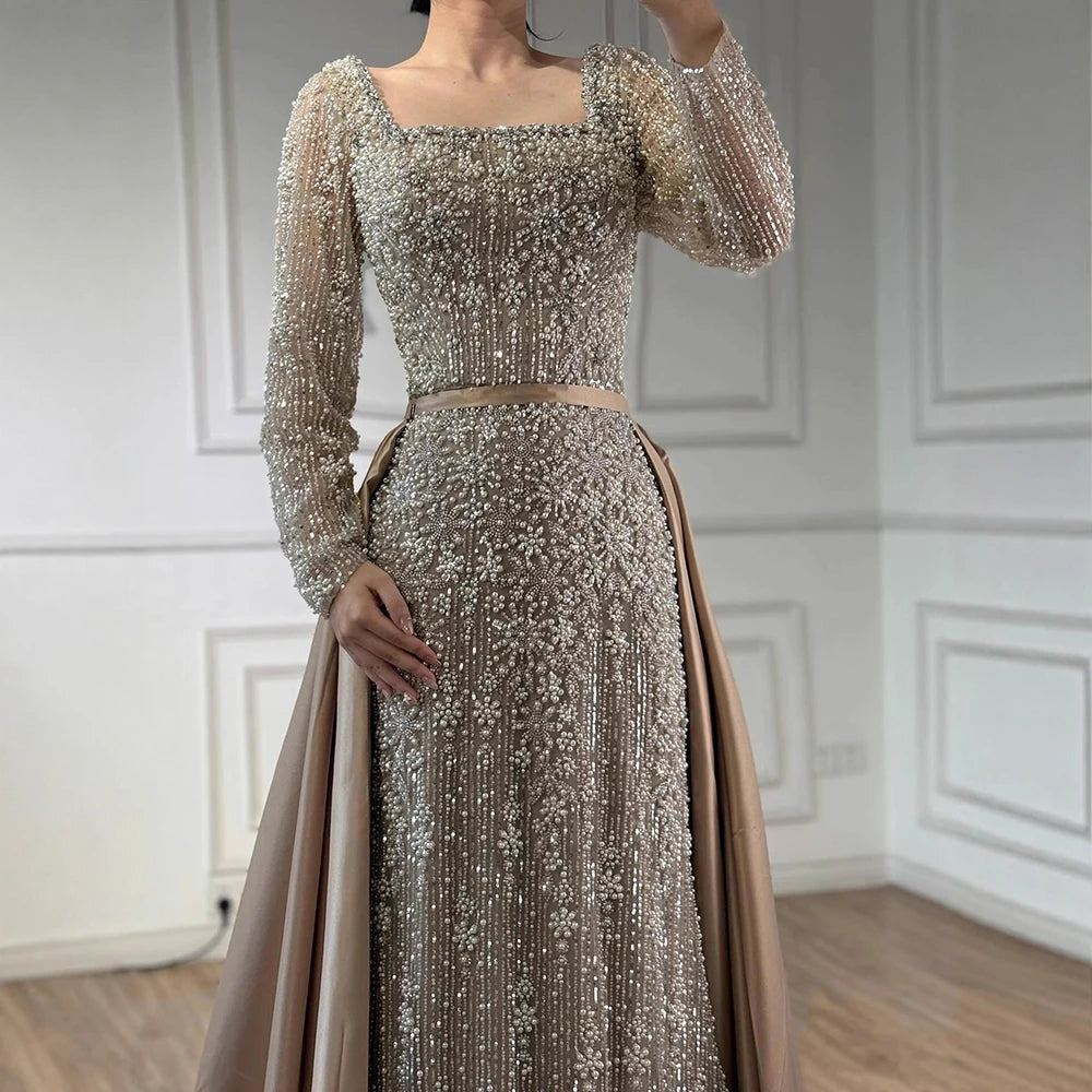 Serene Hill Customized Arabic Caramel Mermaid With Overskirt Beaded Evening Dresses Luxury Gowns For Formal Occasion...