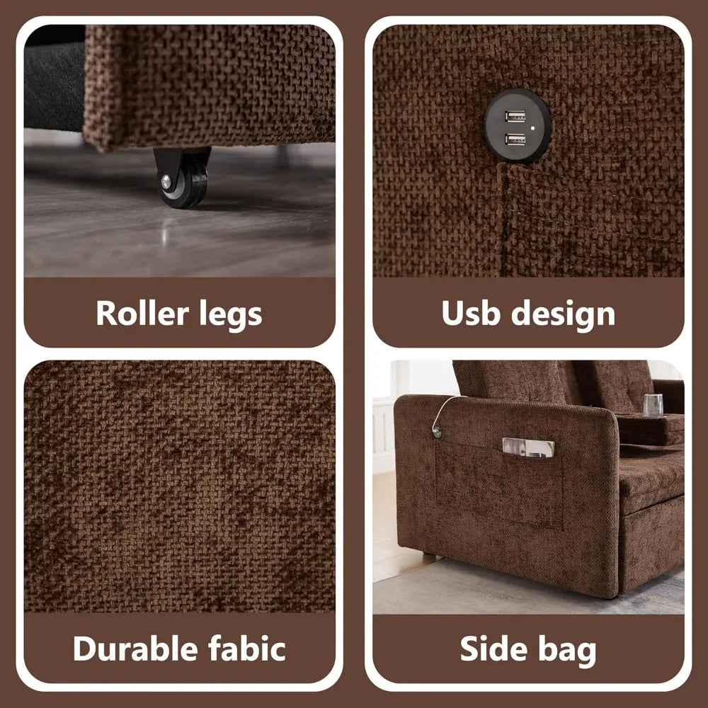 Convertible Brown Sofa Bed with Cup Holders, Pull-Out Sleeper, USB Ports for Living Rooms, Bedrooms, and RVs | Kimlud...