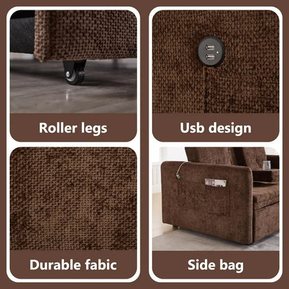 Convertible Brown Sofa Bed with Cup Holders, Pull-Out Sleeper, USB Ports for Living Rooms, Bedrooms, and RVs | Kimlud...