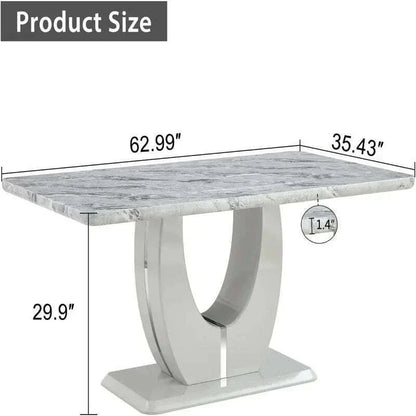 63-Inch Rectangular Marble Dinner Table for 6 - Imitation Marble Grain for Kitchen and Dining Room, Grey Finish