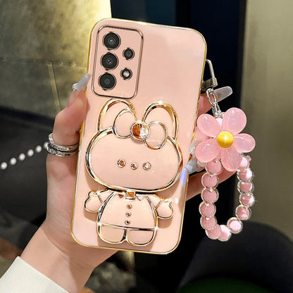 3D Rabbit KickStand Electroplated Soft Wrist Flower Phone Case For Samsung Galaxy S25 Ultra S24 Plus S23 S22 A16 A56 A26 Cover - Kimlud