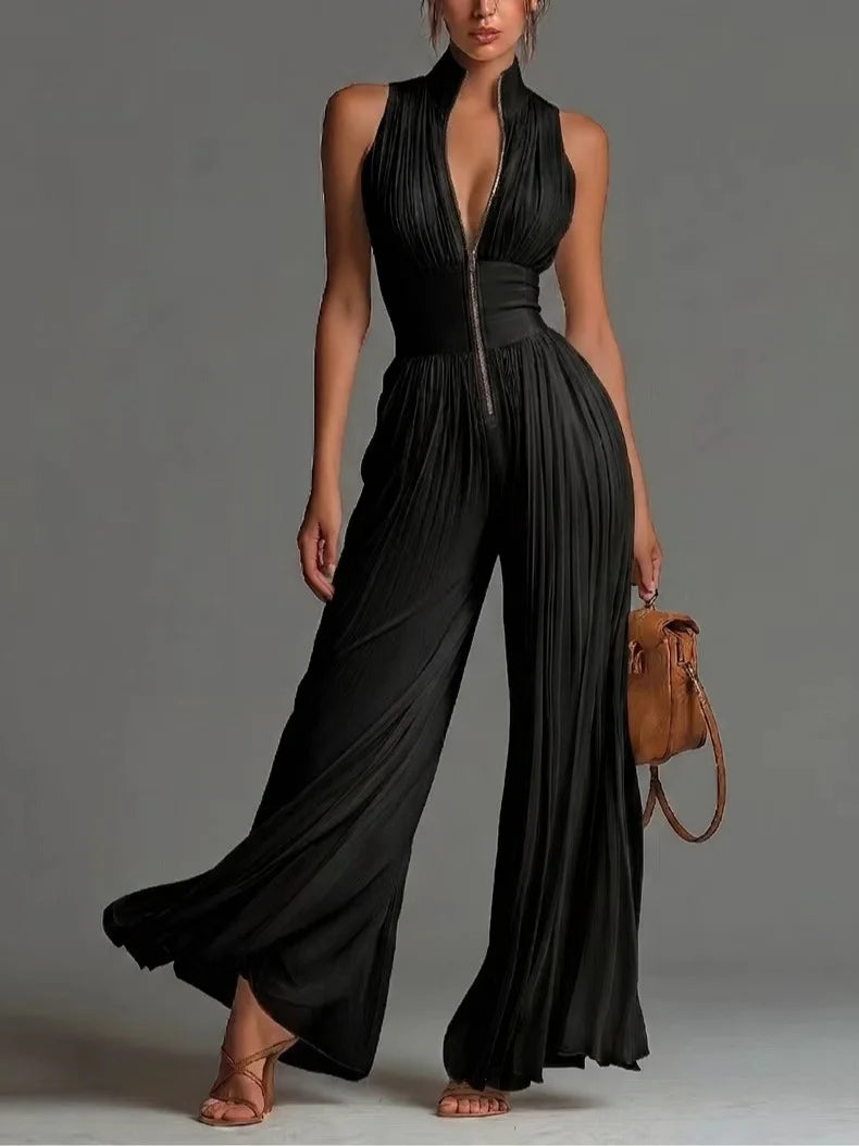 Sexy Deep V Neck Hollow Zip Jumpsuit Women's Spring Solid High Waist Wide Leg Romper Summer Sleeveless Pleated Vacation Overalls