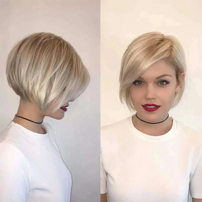 Women's Fashion Bob Blonde Highlights Short Blonde Wigs with Brown Mixed