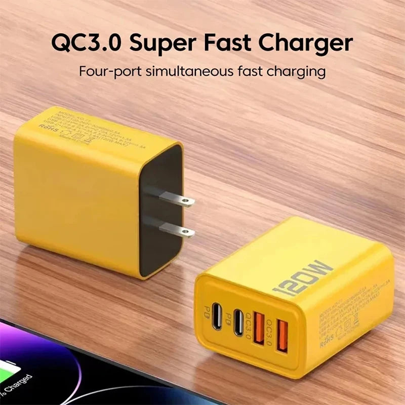 120W 4 Port Type C Fast Charging USB Phone Charger Adapter US EU Plug Charger For iPhone Xiaomi Huawei Quick Charge Wall Charger