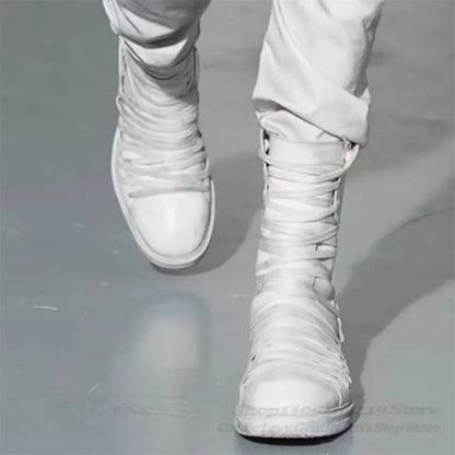 White Retro Classic Cross Strap Thick Soled High Top Boots for Men Handmade Old Motorcycle Boots Back Zipper Mid Calf Boot