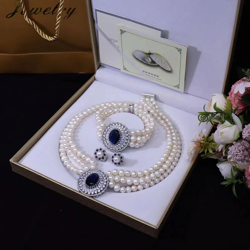 Natural freshwater pearl necklace set High-end luxury Czech rhinestone necklace women's wedding party jewelry accessories