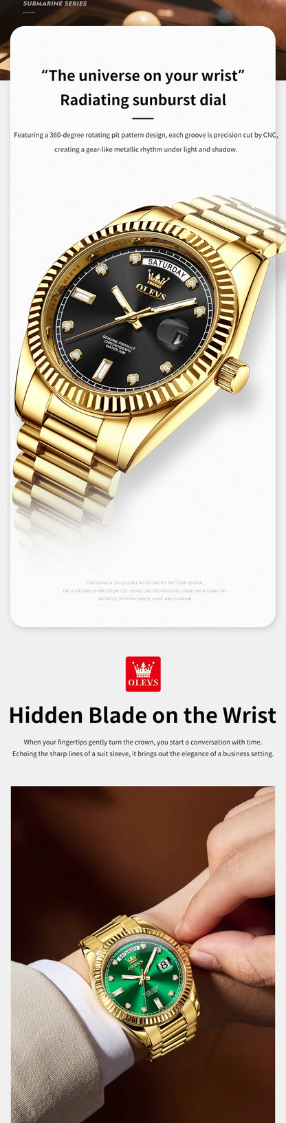 OLEVS Men's Fully Automatic Mechanical Watch Gold Stainless Steel Date Men's Night Light Waterproof Business Watch |...