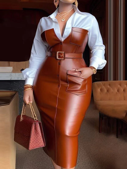 Women's Faux Leather PU Patchwork Midi Dress with Turn down Collar Long Sleeve Bodycon Office Dress Elegant Autumn 2025