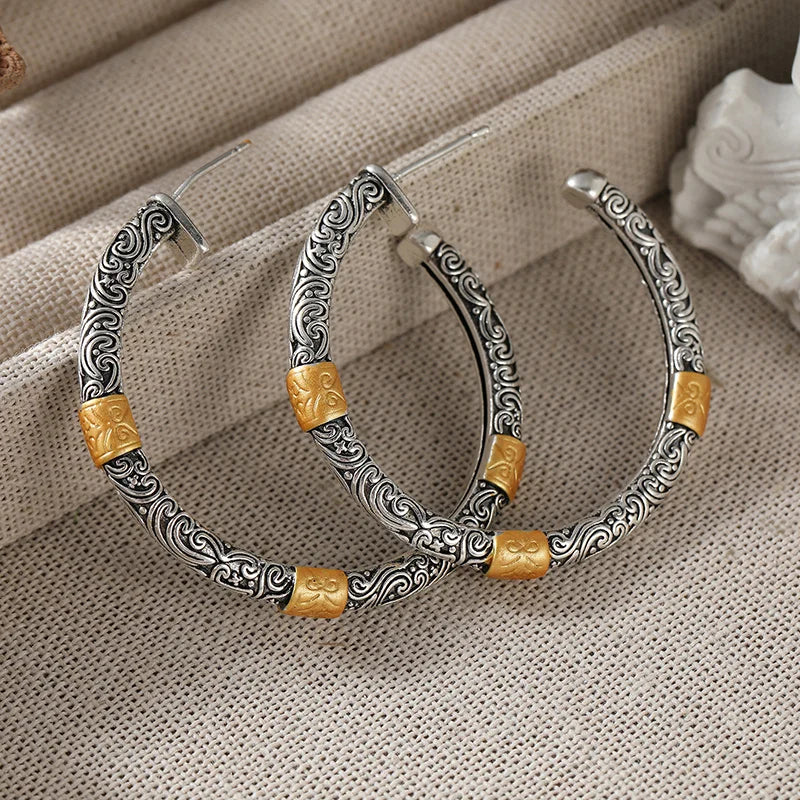 Women's Bohemian Style Two Color Curly Grass Patterned Earrings Exotic Patterns Metal Hoop Earrings Vintage Jewelry Accessory