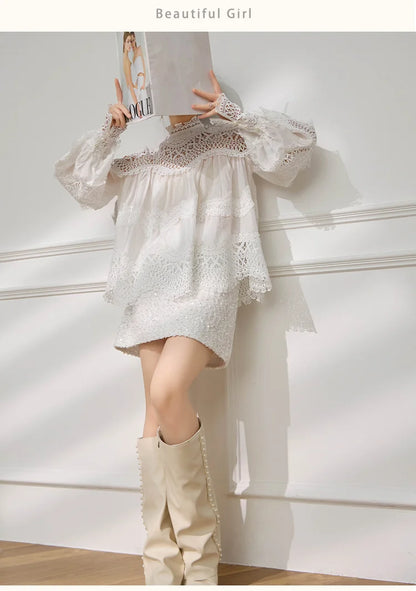 Light Luxury Hollow Print Stand-up Collar Lantern Sleeve Shirt Women French Temperament Fashion Lace Splicing Loose Casual Shirt