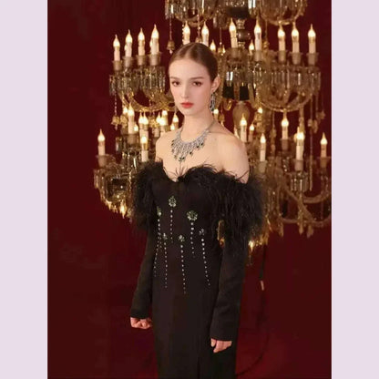 New Women Sexy Long Sleeve Feather Crystal Diamonds Black Knitted Long Bandage Dress Cut Out Elegant Evening Club Party Dress
