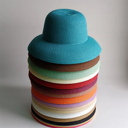 New Summer Sun Hats Ladies Solid Plain Elegant Wide Brim Hat Female Round Top Panama Floppy Straw Beach Hat Women |...