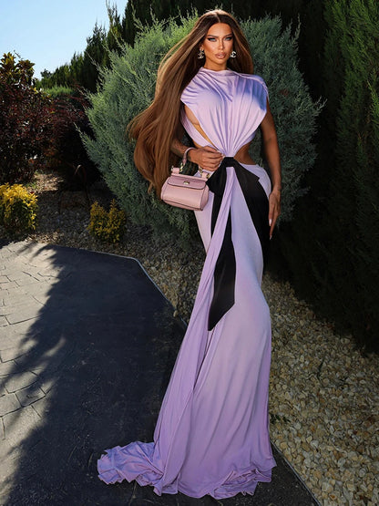 VC Stylish Chic White Halter Sleeveless Backless Cutout with Bow Detail Maxi Dress Evening Gown