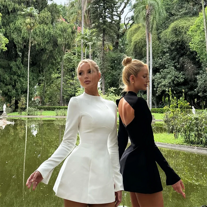 Women's New in dress novelty 2025 long sleeve Short dresses elegant party Casual Simple solid white black fashion Backless skirt - Kimlud
