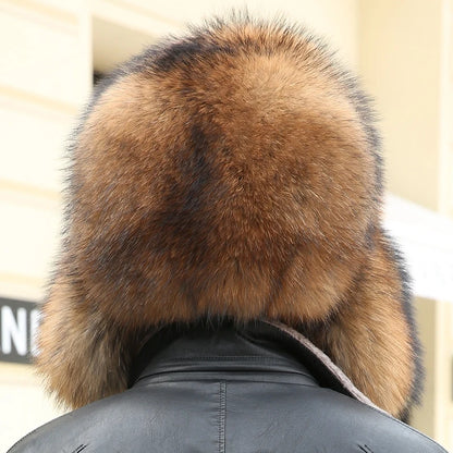 2025 Winter 100% Real Silver Fox Fur Bomber Hat Raccoon Fur Ushanka Cap Trapper Russian Men's Ski Hats Caps