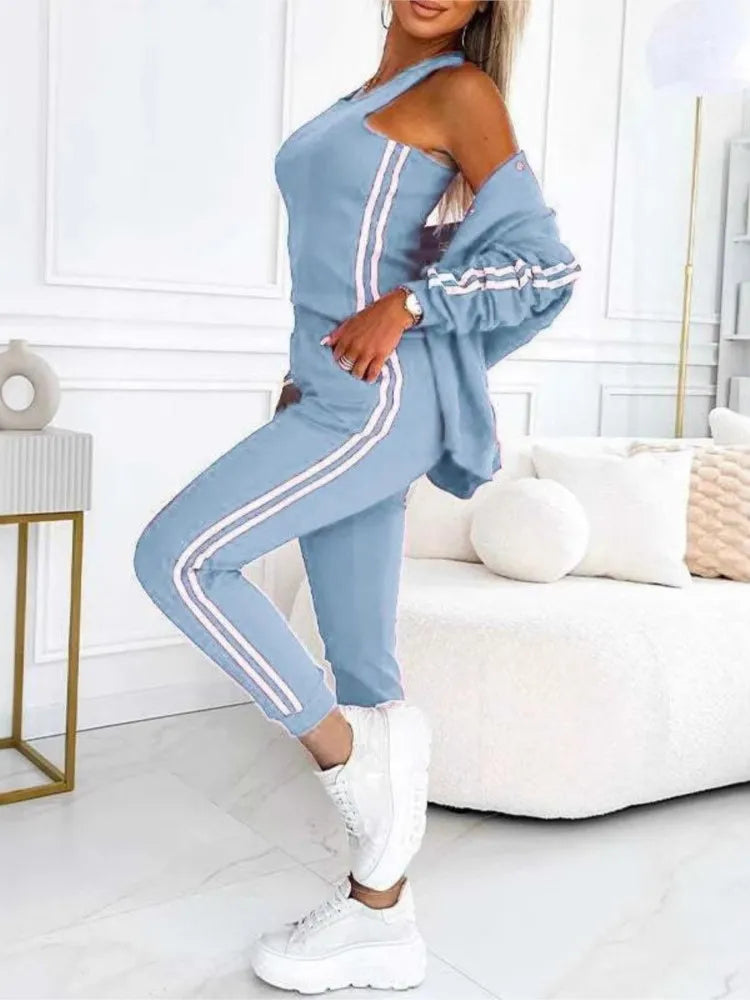 Autumn Three-Piece Set Women's Suit Striped Tape Patch Buttoned Jacket + Tank Top + Pants Sets Lady Sportswear Casual...