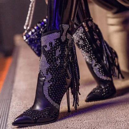 Black Tassel Crystal Decor Ankle Boots Pointed Toe Shoes for Women Thin High Heels Sexy Runway Shoes 2025 Zapatos Para Mujere