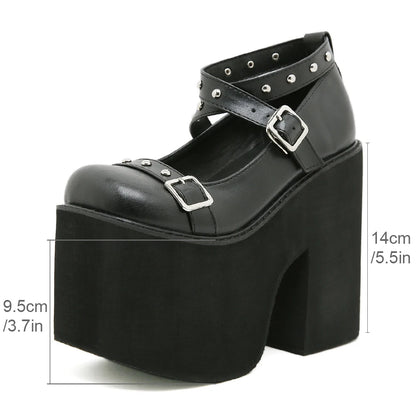 Gdgydh Punk Style Black Rivet Buckle High Heels Shoes for Women Trendy Gothic Waterproof Platform Shoes Belt Buckle...