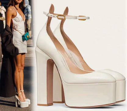 Women New European And American Style Super High Heels Patent Leather Round Toe Thick Sole Large Size Thick Heel Shoes