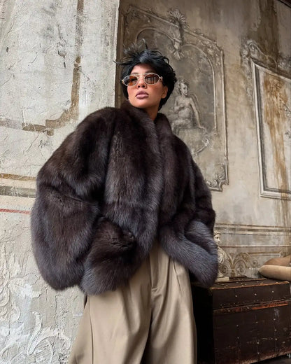 Brown Medium-length Fur Coat Women Lapel Hidden Button Loose  Elegant Outerwear 2025 Fashion Office lady commute Overcoat New