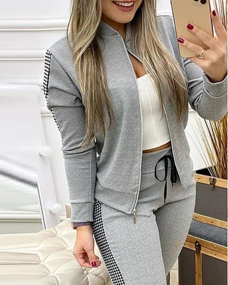 Autumn Winter Women's Sports Zipper Plaid Tracksuits Elegant Retro Jacket Coat And Drawstring Pants Two Piece Set Women...