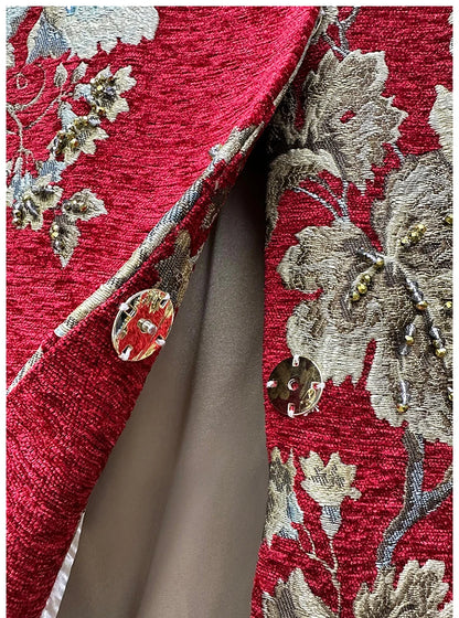 Autumn Winter New Women's Velvet Beaded Round Neck 3/4 Sleeve Burgundy Mid-Length Coat Chenille Texture Luxury Jacket