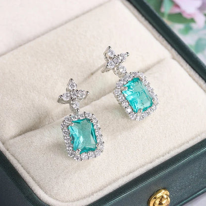 Beautiful 925 Sterling Silver Earrings for Women's Shiny Green AAAA Zircon Earrings Stylish Geometric Jewelry Party Earrings