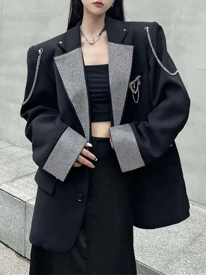 EAM Blazer rhinestone big size Metal Chain Women New Lapel Long Sleeve Loose Fit Jacket Fashion Tide Spring Autumn 2025 WQ20621