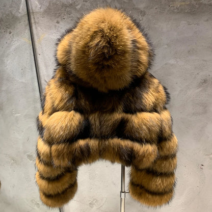 Women's Full Pelt Real Fox Fur Hooded Jackets, Long Sleeve Outwear, Winter Bomber, Female, 902