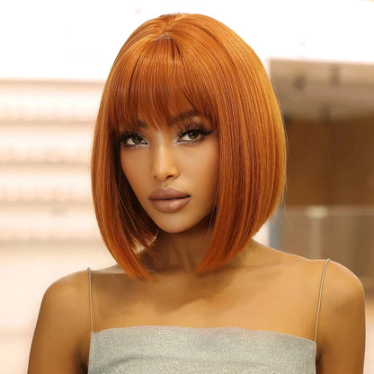 Short straight synthetic wig Ginger Brown Bob wig with straight bangs Ladies Cosplay daily natural high temperature silk wig