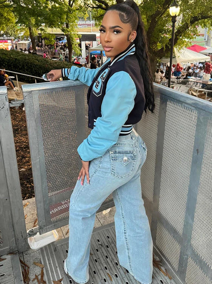 Nibber Sporty Jacket Woman Contrast Patchwork Baseball Autumn Trend Letter Print Single-Breasted Full Sleeve Casual Style Coats