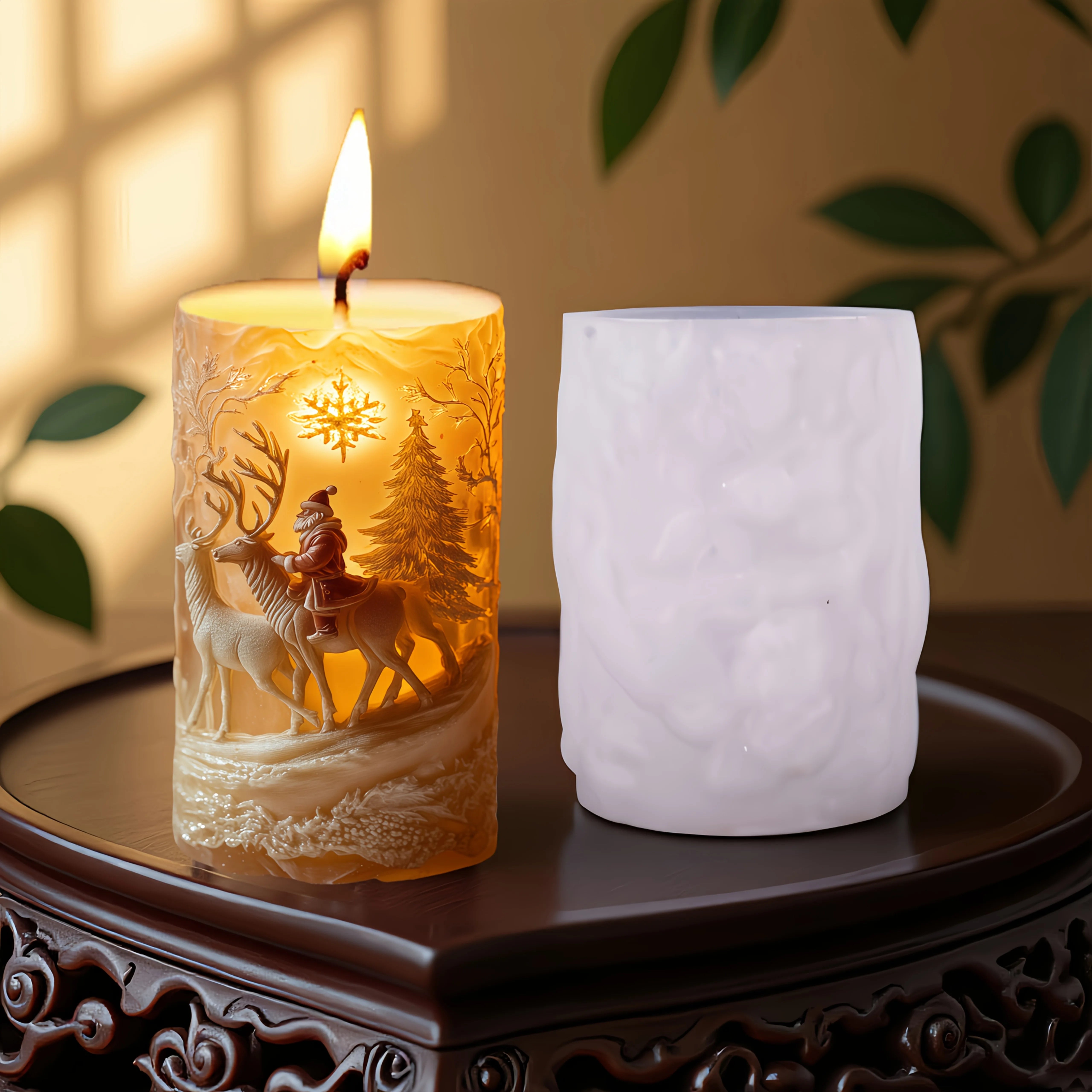 3DReindeer riding Santa Claus relief cylindrical candle silicone mold Christmas tree snowflake snow forest reindeer resin molds