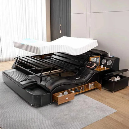 Nordic Multifonction Double Bed Side By Side Leather Luxury King Size Bed Frame Platform Wood Design Lit Bedroom Set...
