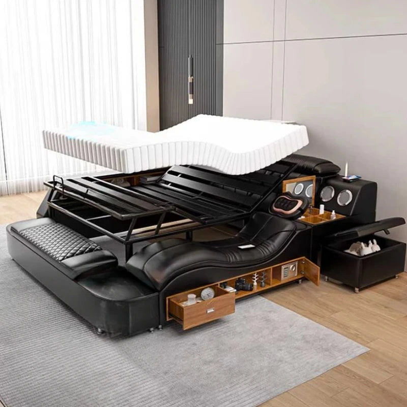 Nordic Multifonction Double Bed Side By Side Leather Luxury King Size Bed Frame Platform Wood Design Lit Bedroom Set...