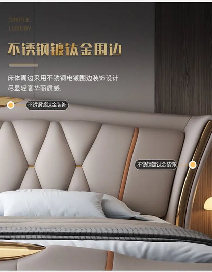 Home Leather bed with light modern minimalist lit 150x200 180x200 200x220 cm Double bed 2 people bedroom beds frames Furniture