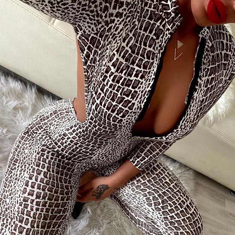 Oshoplive 2026 New Women Fashion Sexy Snakeskin Printed Backless Zipper Jumpsuits Long Sleeves Gym Activewear Bodysuits