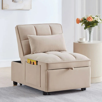 4-in-1 Multi-Function Taupe Convertible Chaise Lounge Adjustable Single Sofa Bed with Pull-Out & Tufted Backrest Storage Pockets - Kimlud