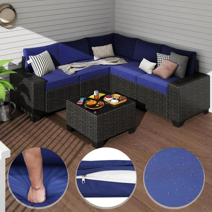 6 Pieces Patio Furniture Set, Outdoor Sectional Set of 6 w/Wide Armrest, Waterproof Wicker Conversation Set for...