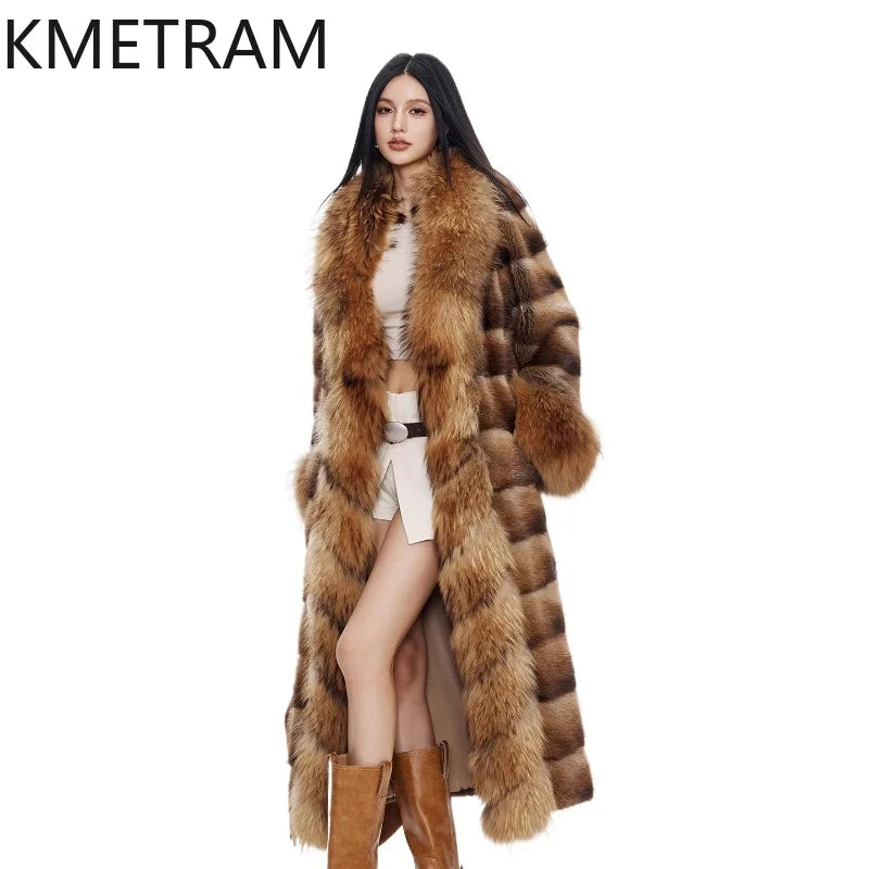 KMETRAM Natural Muskrat Fur Coat Woman Luxury Long Real Fur Jacket Raccoon Dog Fur Collar Winter Coats Women Clothing 2025 шуба