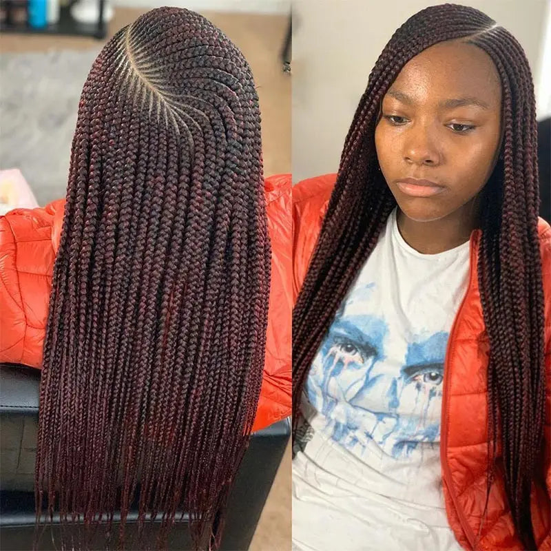 36'' Burgundy Full Lace Braided Wigs Faux Locs for Black Women Synthetic Knotless Cornrow Braid Wig Side Part Wig Box...