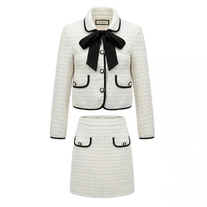 Vintage Women Tweed White Suit Jacket Coat Top And Skirt Elegant Two Piece Set Outfit 2023 Winter Jacquard Fashion Cloth