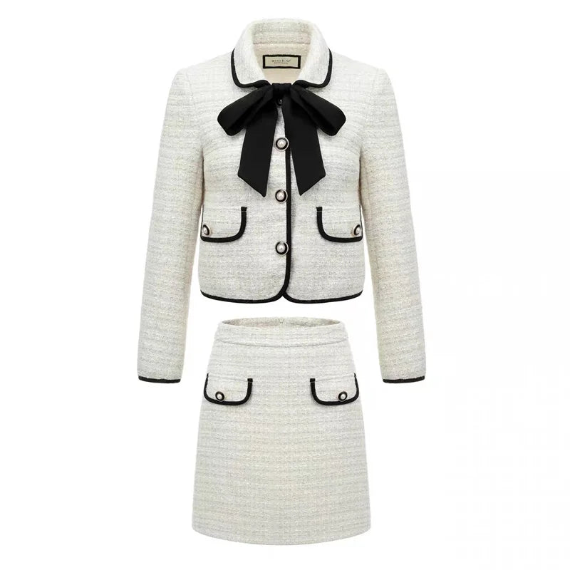 Vintage Women Tweed White Suit Jacket Coat Top And Skirt Elegant Two Piece Set Outfit 2023 Winter Jacquard Fashion Cloth