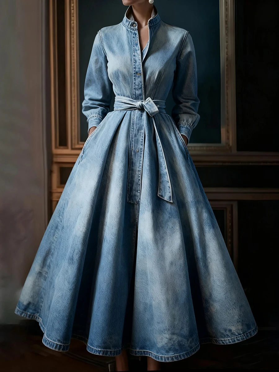 Elegant Light Blue Denim Maxi Dresses Solid Color Stand Collar Long Sleeve Pocket Pleated Belt Long Dress Party Evening Dress