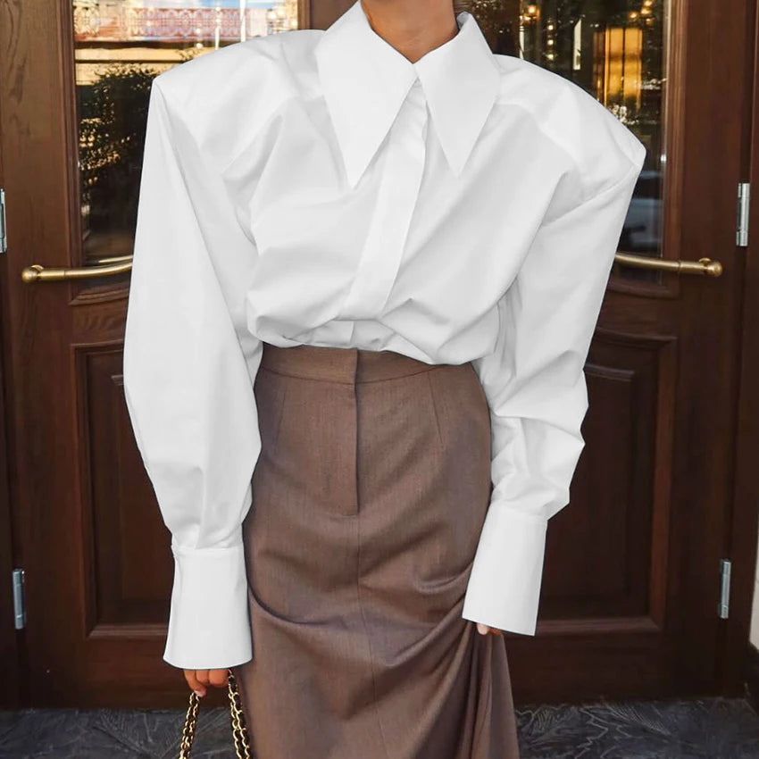 Linad Casual White Puff Sleeve Shirts Female Office Lady Blue Single-Breasted Woman Blouse 2026 Street Chic Lapel Tops...